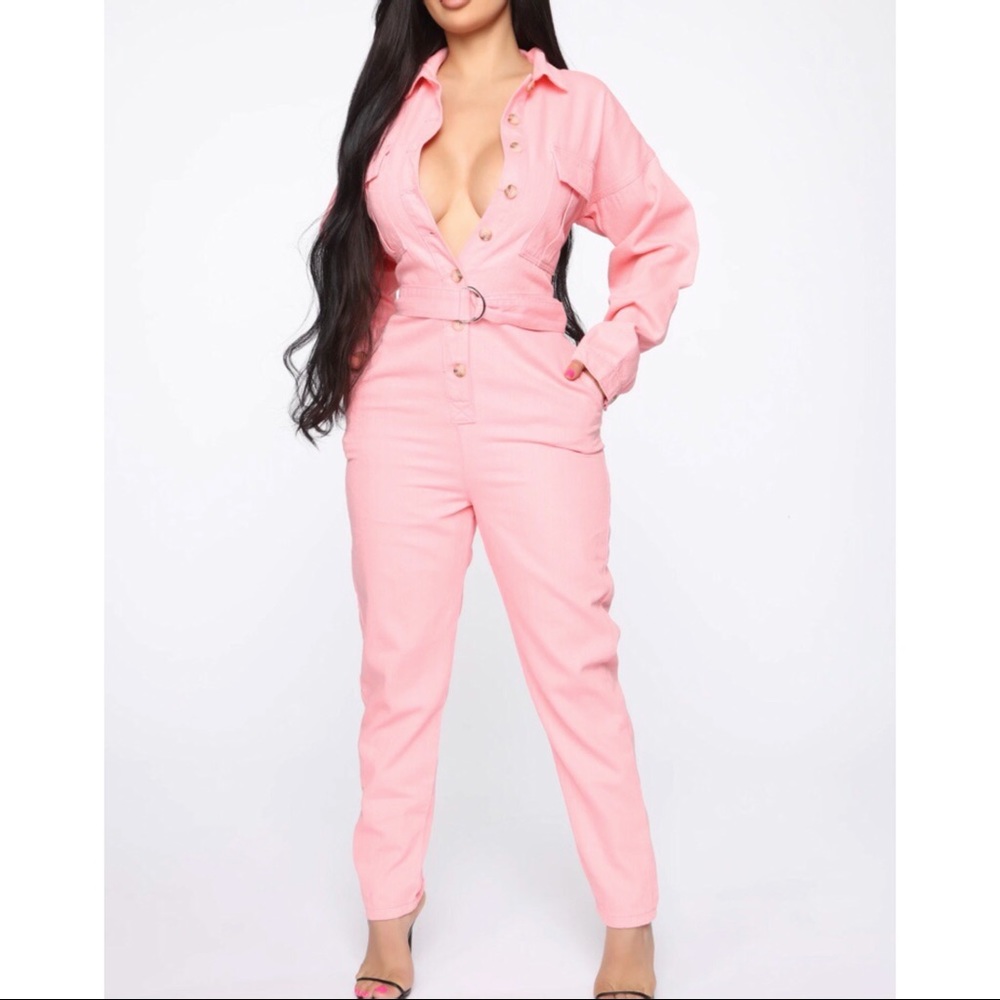 Candy pink denim retro utility jumpsuit
